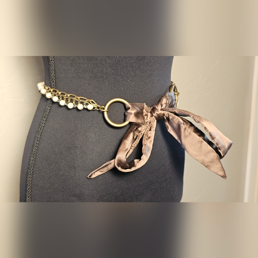 [AEO] Vintage Women's Belt OR Necklace ⭐️ Chain & Pearl Brown Ribbon Loop Tie - Picture 1 of 16